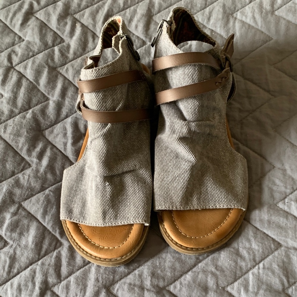 Blowfish Canvas and Brown Leather Strappy Sandals